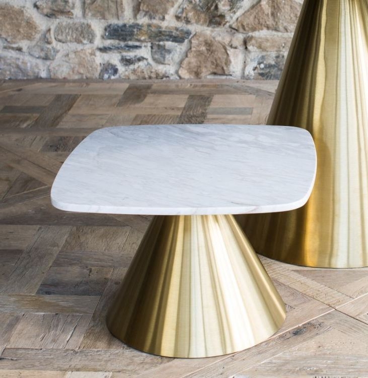 Product photograph of Gillmore Space Oscar White Marble Small Square Side Table With Brass Conical Base from Choice Furniture Superstore.