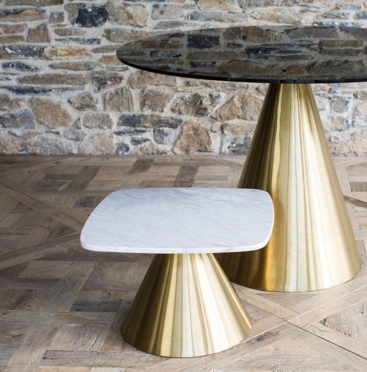 Product photograph of Gillmore Space Oscar White Marble Small Square Side Table With Brass Conical Base from Choice Furniture Superstore.