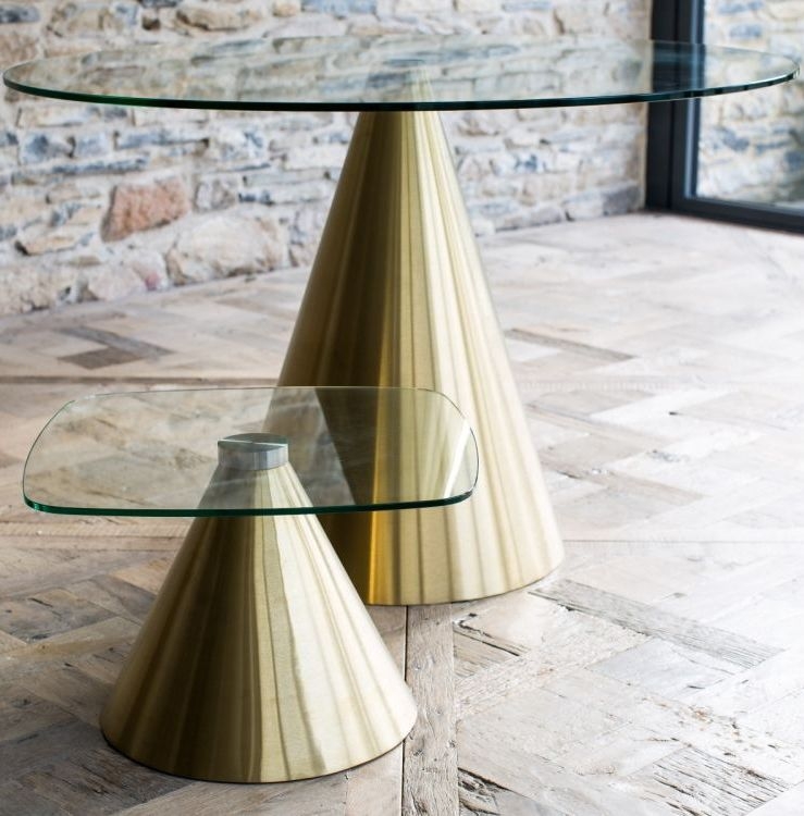 Product photograph of Gillmore Space Oscar Clear Glass Small Round Side Table With Brass Conical Base from Choice Furniture Superstore.