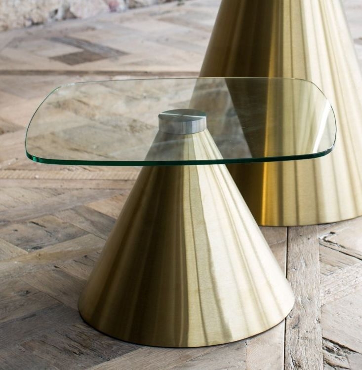 Product photograph of Gillmore Space Oscar Clear Glass Small Square Side Table With Brass Conical Base from Choice Furniture Superstore.