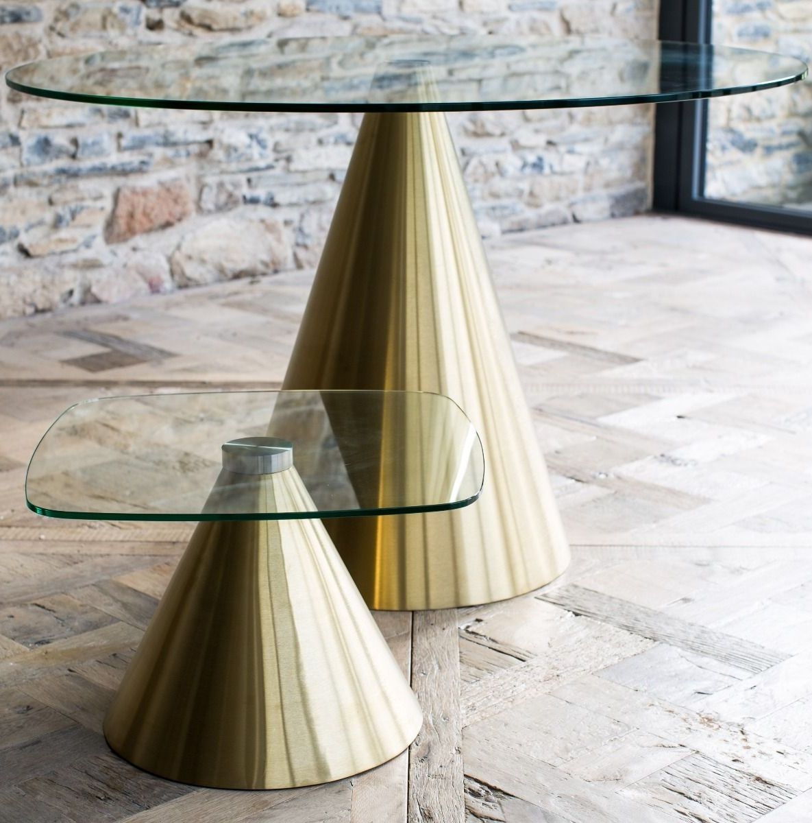 Product photograph of Gillmore Space Oscar Clear Glass Small Square Side Table With Brass Conical Base from Choice Furniture Superstore.