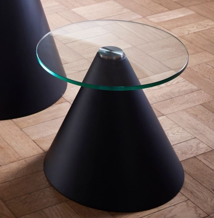 Product photograph of Gillmore Space Oscar Clear Glass Small Round Side Table With Black Conical Base from Choice Furniture Superstore.