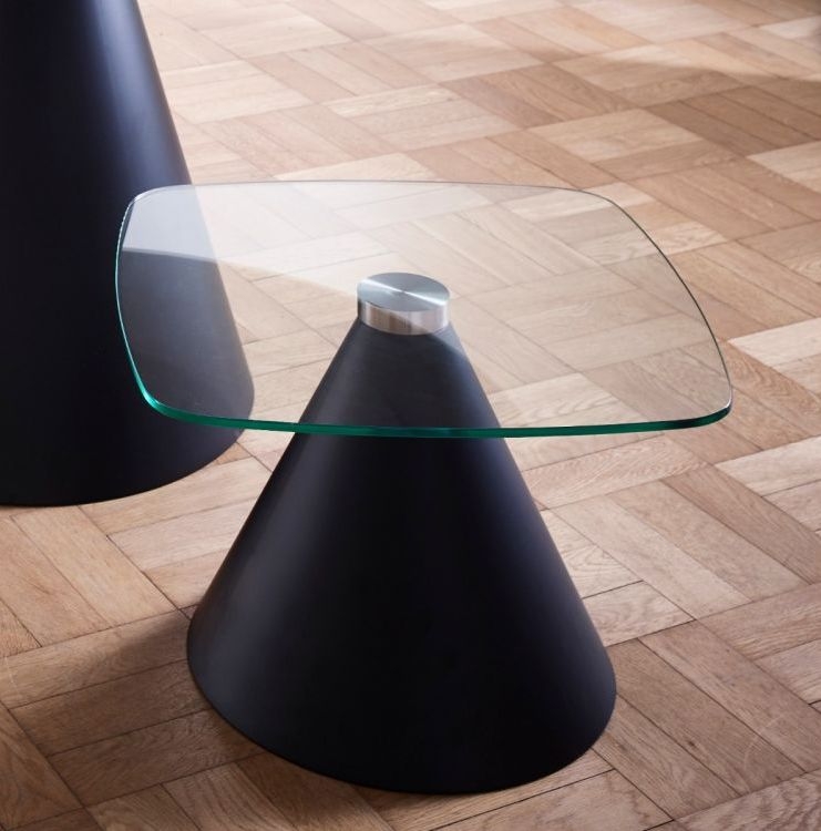 Product photograph of Gillmore Space Oscar Clear Glass Small Square Side Table With Black Conical Base from Choice Furniture Superstore.