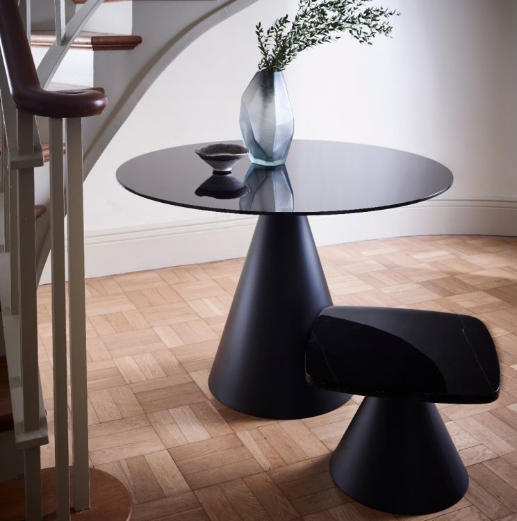 Product photograph of Oscar Black Glass Round Coffee Table With Black Cone Base - 80cm from Choice Furniture Superstore.