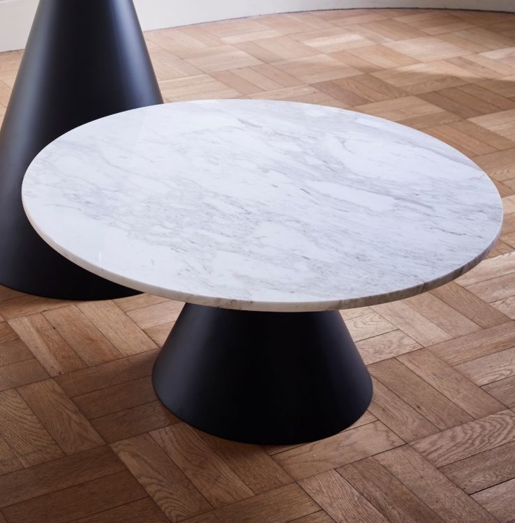 Product photograph of Gillmore Space Oscar White Marble Small Round Coffee Table With Black Conical Base from Choice Furniture Superstore.