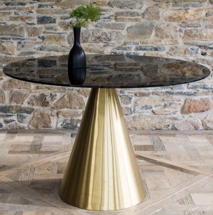Product photograph of Oscar Black Glass Round Coffee Table With Brass Cone Base - 80cm from Choice Furniture Superstore.