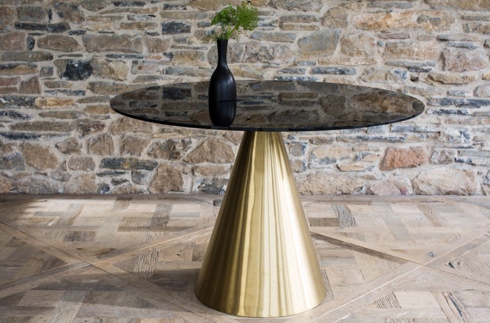 Product photograph of Oscar Black Glass Round Coffee Table With Brass Cone Base - 110cm from Choice Furniture Superstore.