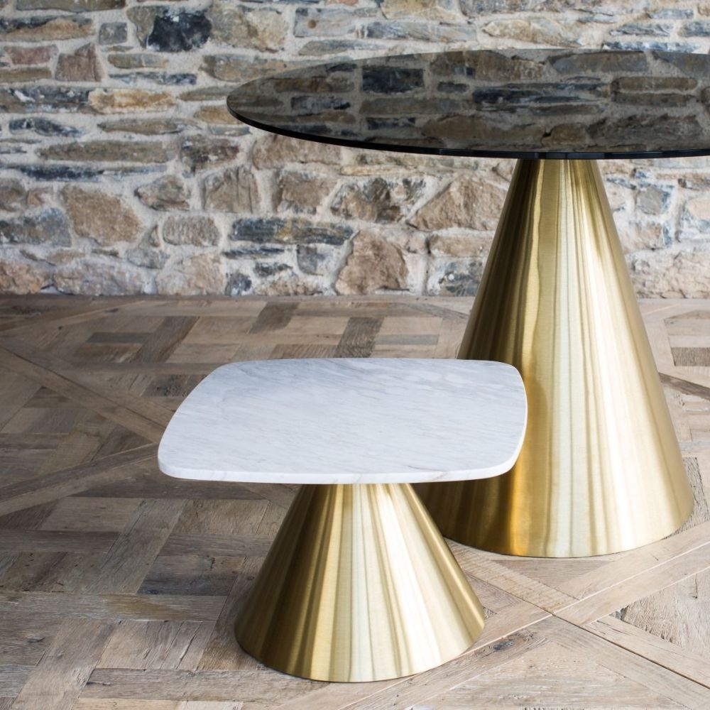 Product photograph of Gillmore Space Oscar Small Round Coffee Table With Brass Conical Base from Choice Furniture Superstore.