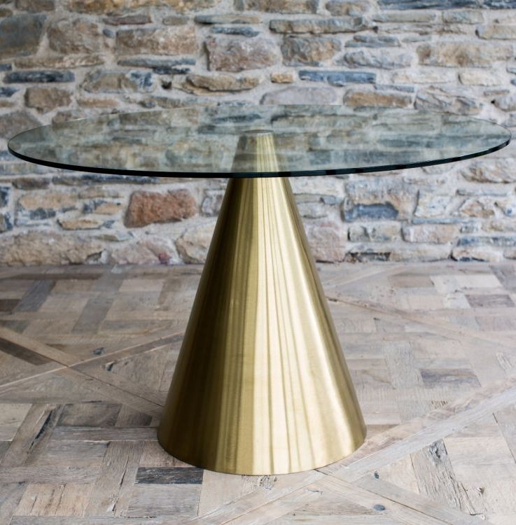 Product photograph of Oscar Clear Glass Round Coffee Table With Brass Cone Base - 80cm from Choice Furniture Superstore.