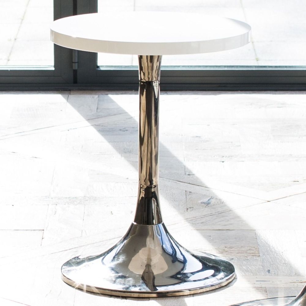 Product photograph of Gillmore Space Swan White Gloss Top Round Side Table With Dark Chrome Base from Choice Furniture Superstore.