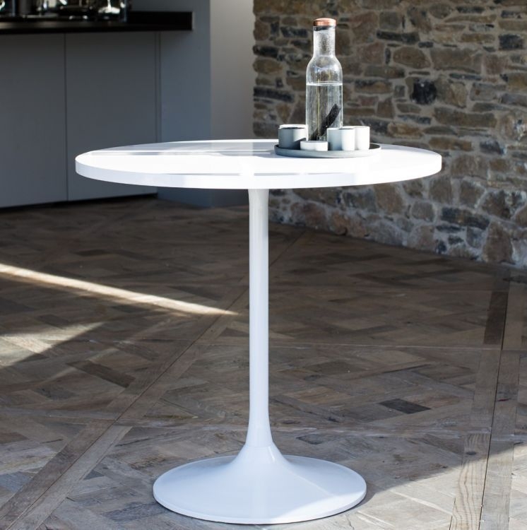 Product photograph of Gillmore Space Swan White Gloss Top 80cm Round Small Dining Table With Dark Chrome Base from Choice Furniture Superstore.