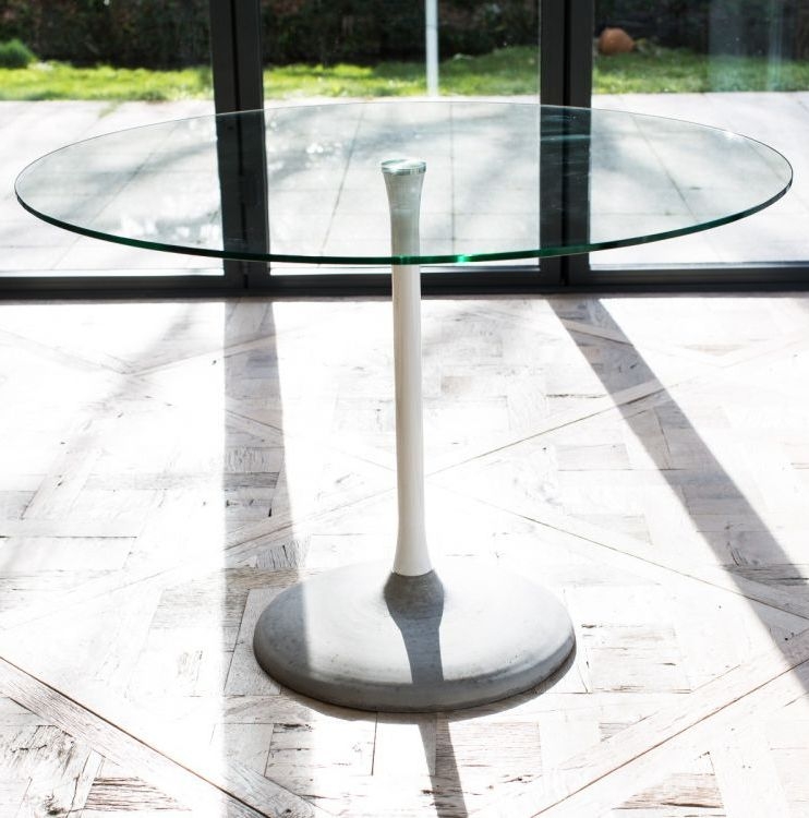 Product photograph of Gillmore Space Swan White Gloss Top And Brass Column 80cm Round Dining Table With Concrete Base from Choice Furniture Superstore.