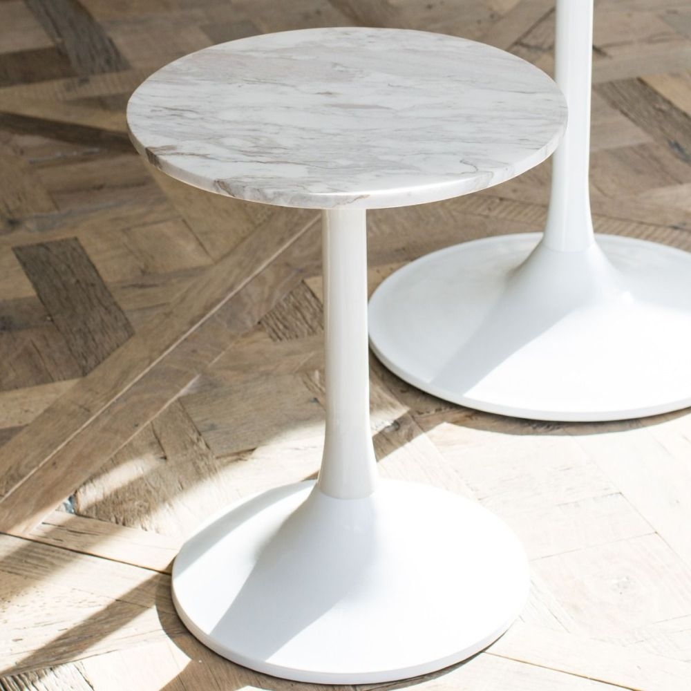 Product photograph of Gillmore Space Swan White Marble Top Round Side Table With White Gloss Base from Choice Furniture Superstore.