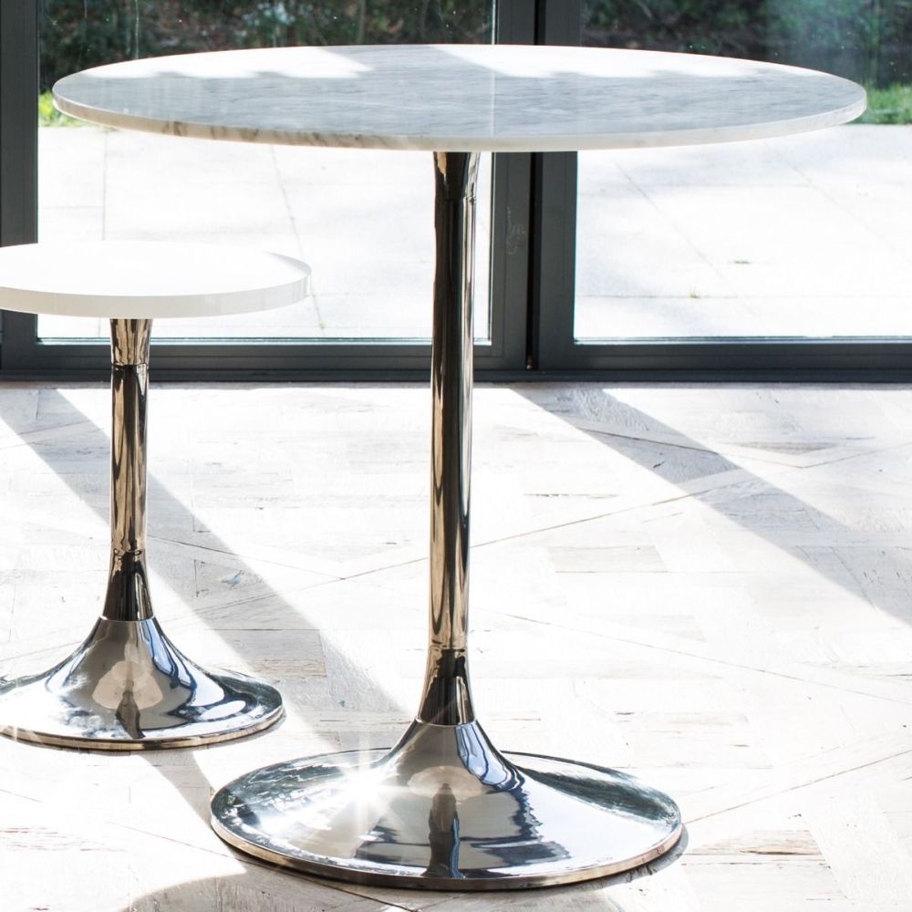 Product photograph of Gillmore Space Swan White Marble Top 80cm Round Small Dining Table With Dark Chrome Base from Choice Furniture Superstore.