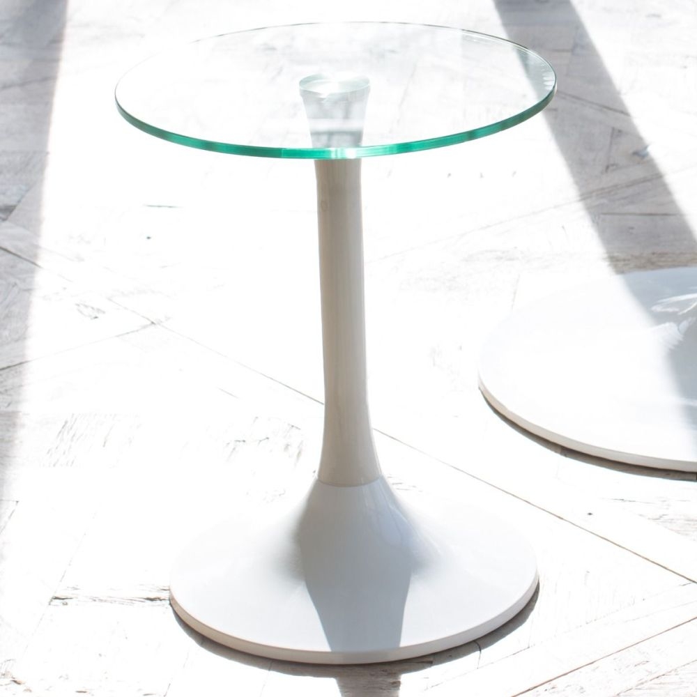 Product photograph of Gillmore Space Swan Clear Glass Top Round Side Table With White Gloss Base from Choice Furniture Superstore.