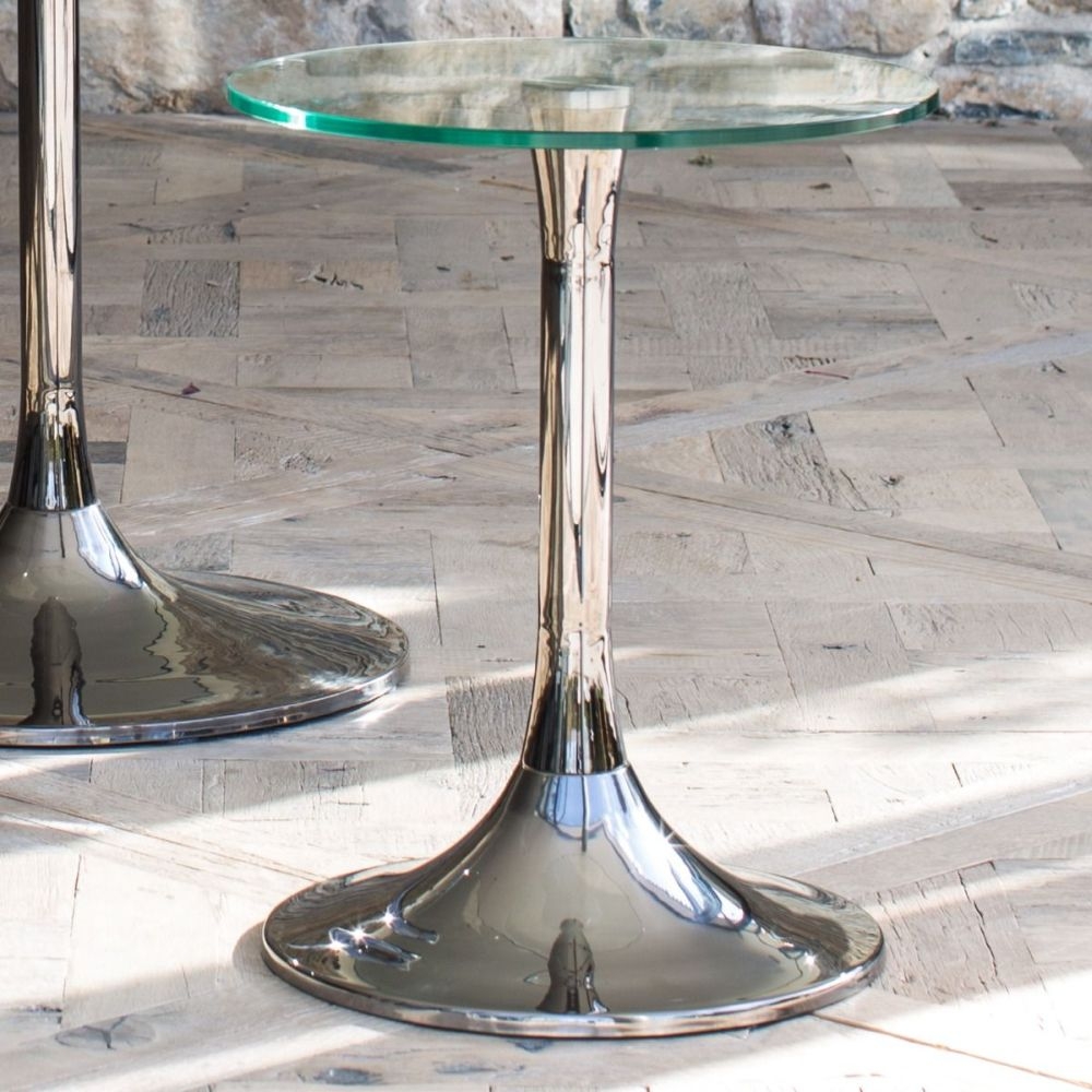 Product photograph of Gillmore Space Swan Clear Glass Top Round Side Table With Dark Chrome Base from Choice Furniture Superstore.