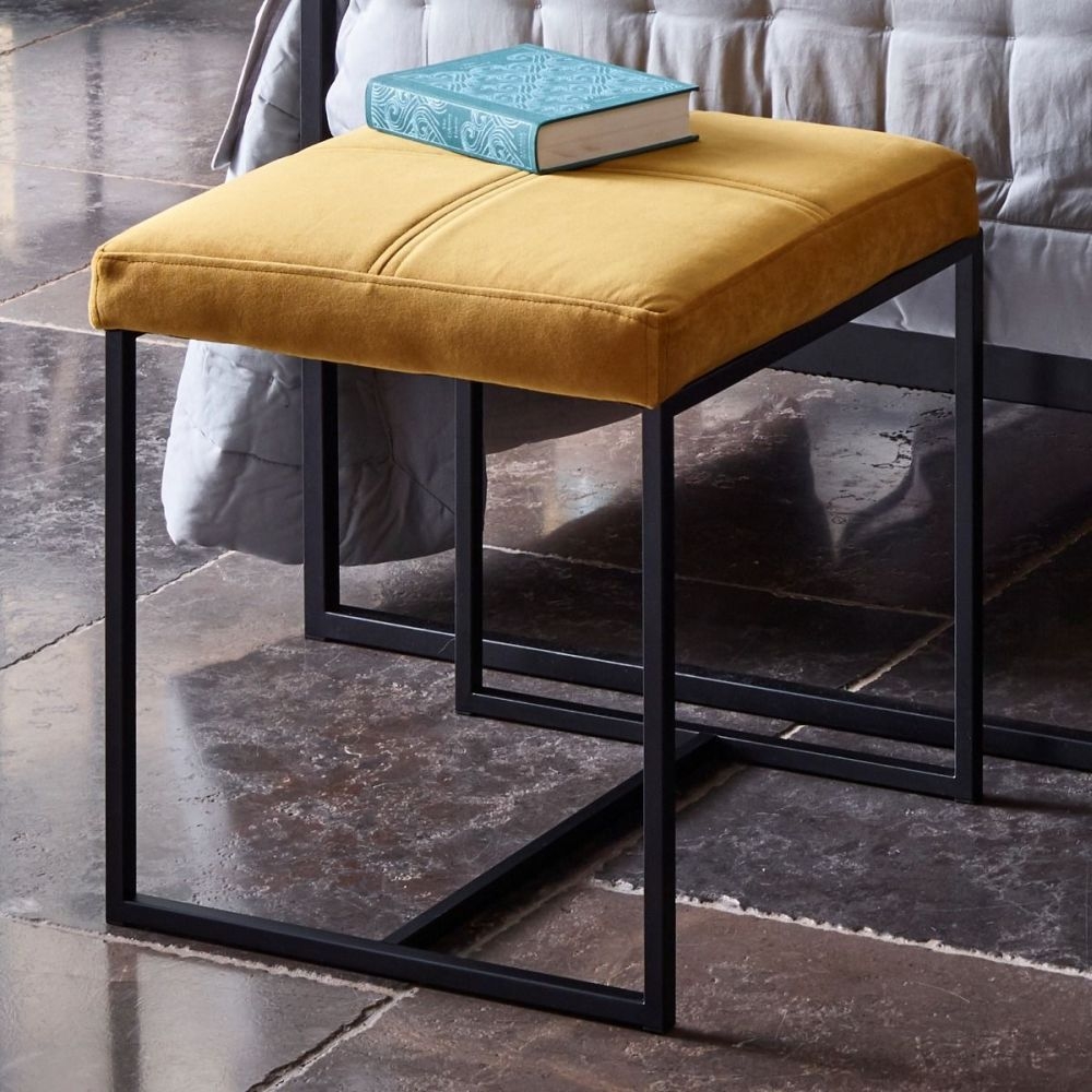 Product photograph of Federico Mustard Velvet Small Stool With Black Metal Frame from Choice Furniture Superstore.