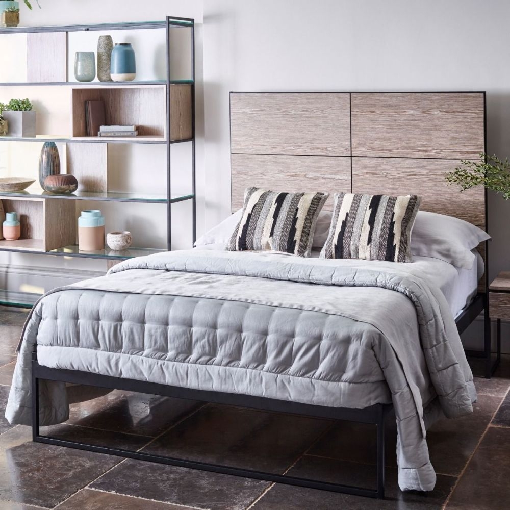 Product photograph of Gillmore Space Federico Black Metal Bed Frame With Weathered Oak Headboard from Choice Furniture Superstore.
