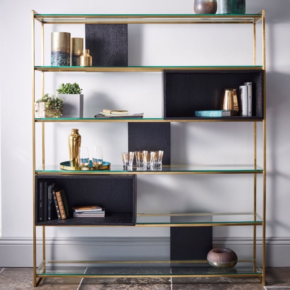 Product photograph of Gillmore Space Federico Wenge High Bookcase Brass Brushed Frame from Choice Furniture Superstore.