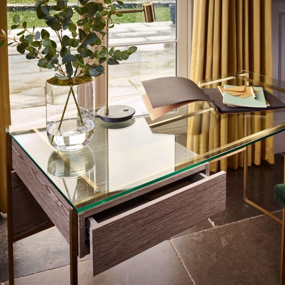 Product photograph of Federico Weathered Oak Desk With Brass Frame from Choice Furniture Superstore.