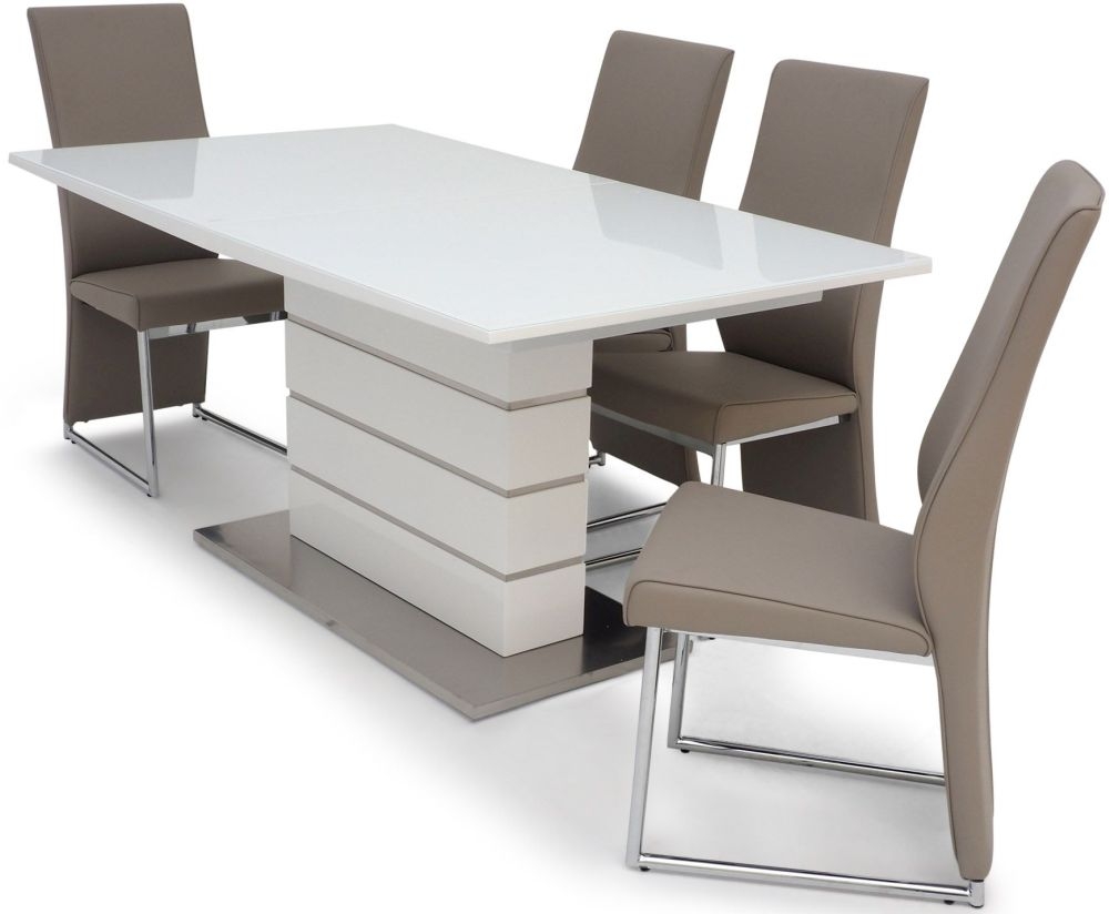 Product photograph of Massimo White Gloss Butterfly Extending Dining Set With 4 Remo Taupe Chairs from Choice Furniture Superstore.