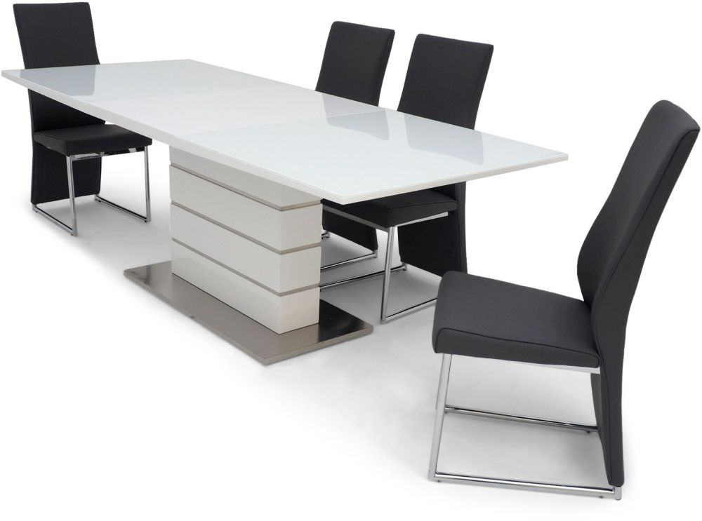 Product photograph of Massimo White Gloss Butterfly Extending Dining Set With 4 Remo Grey Chairs from Choice Furniture Superstore.