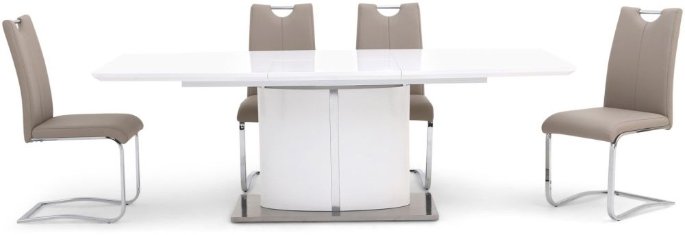 Product photograph of Flavio White Gloss Butterfly Extending Dining Set With 4 Gabi Taupe Chairs from Choice Furniture Superstore.