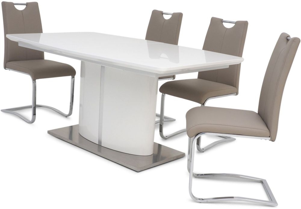Product photograph of Flavio White Gloss Butterfly Extending Dining Set With 4 Gabi Taupe Chairs from Choice Furniture Superstore.