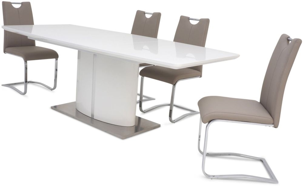 Product photograph of Flavio White Gloss Butterfly Extending Dining Set With 4 Gabi Taupe Chairs from Choice Furniture Superstore.