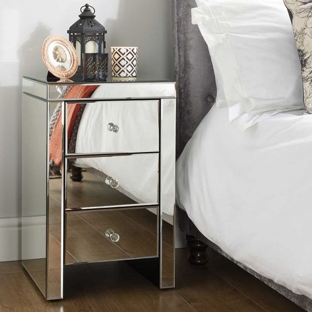 Product photograph of Seville Mirrored 3 Drawer Narrow Bedside Cabinet from Choice Furniture Superstore.