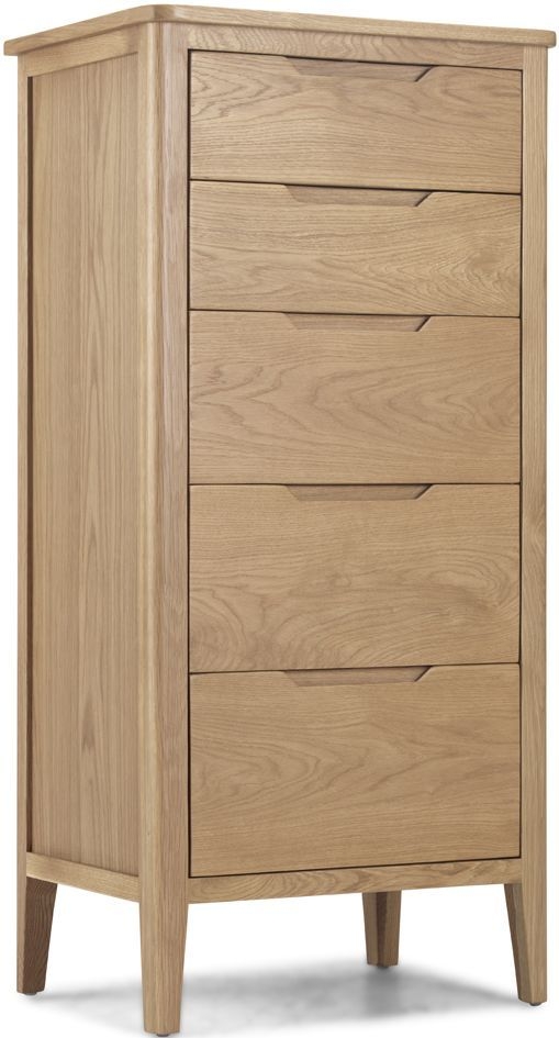 Product photograph of Bresca Scandi Style Oak Narrow Chest 5 Drawers Tallboy - Curved Edges from Choice Furniture Superstore.