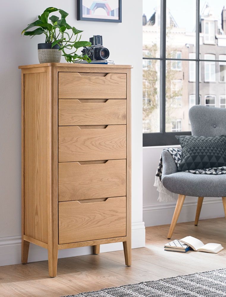 Product photograph of Bresca Scandi Style Oak Narrow Chest 5 Drawers Tallboy - Curved Edges from Choice Furniture Superstore.