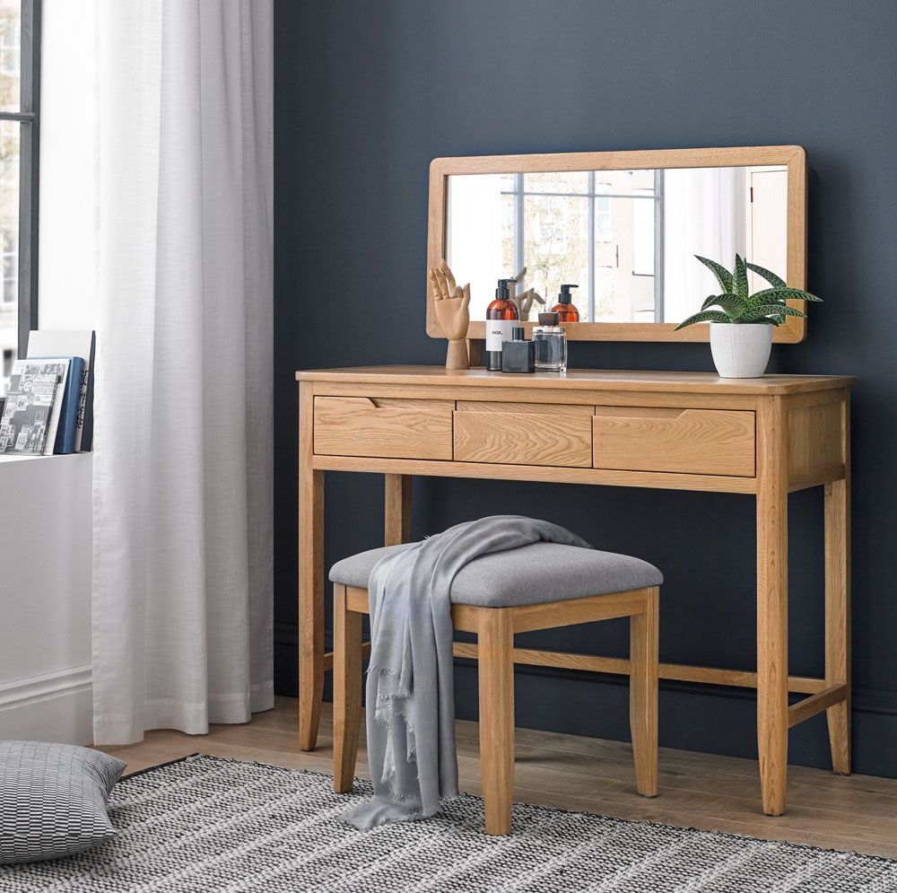 Product photograph of Bresca Scandi Style Oak Dressing Table Set With Stool And Mirror - Curved Edges from Choice Furniture Superstore.
