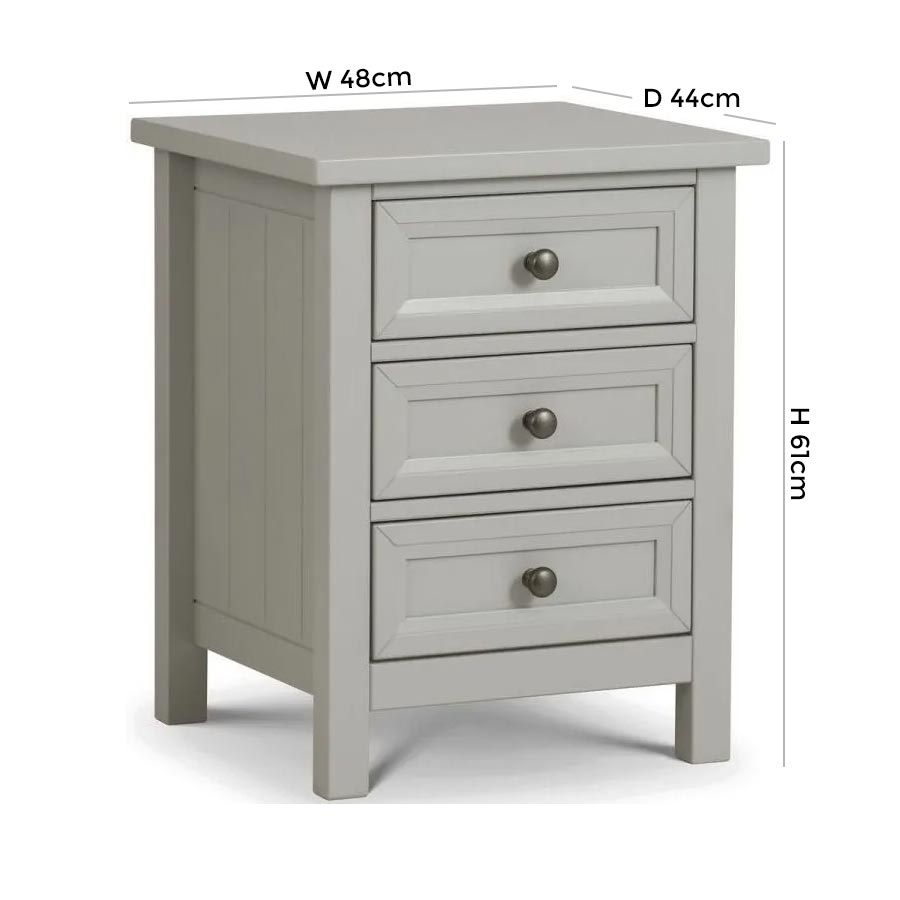 Product photograph of Maine Dove Grey Lacquered Pine Bedside 3 Drawer Cabinet from Choice Furniture Superstore.
