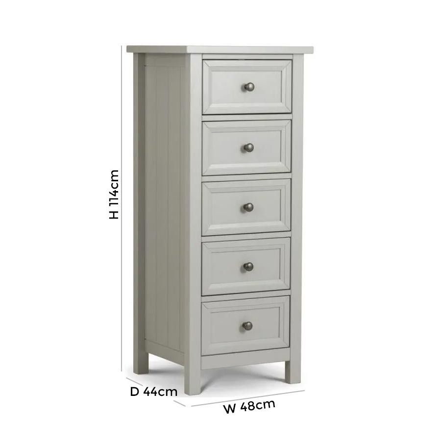 Product photograph of Maine Dove Grey Lacquered Pine Tall 5 Drawer Chest from Choice Furniture Superstore.