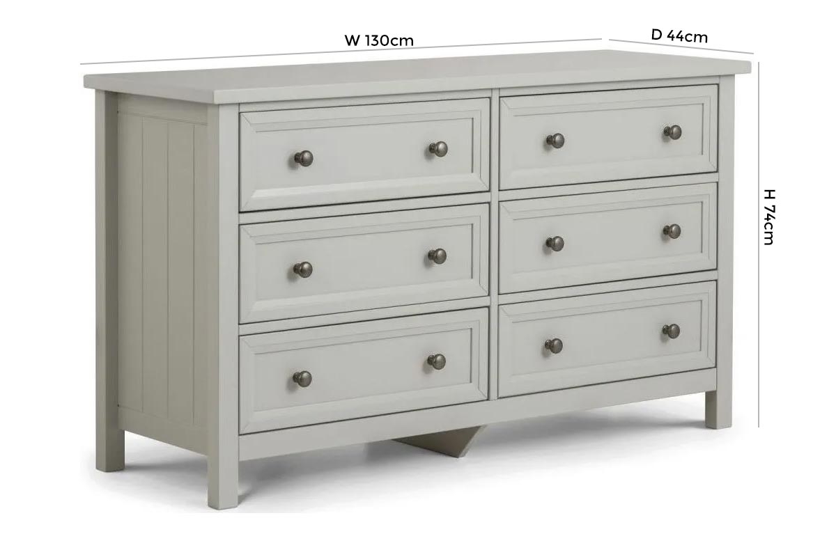 Product photograph of Maine Dove Grey Lacquered Pine Wide 6 Drawer Chest from Choice Furniture Superstore.