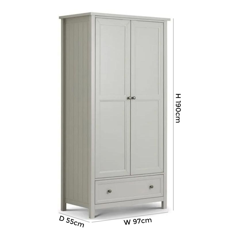 Product photograph of Maine Dove Grey Lacquered Pine 2 Door 1 Drawer Wardrobe from Choice Furniture Superstore.