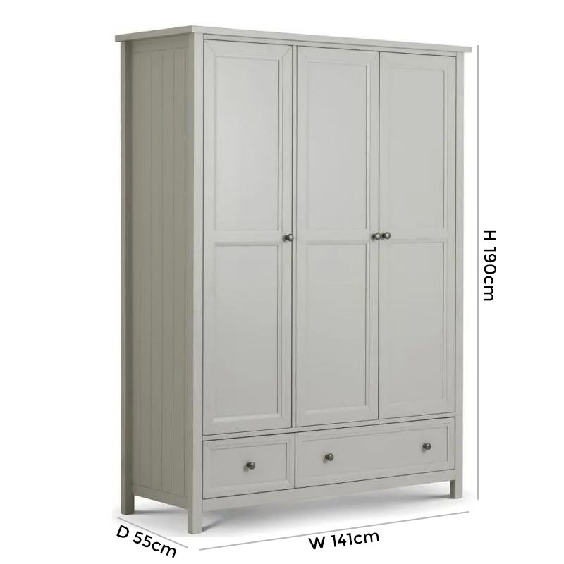 Product photograph of Maine Dove Grey Lacquered Pine 3 Door 2 Drawer Wardrobe from Choice Furniture Superstore.
