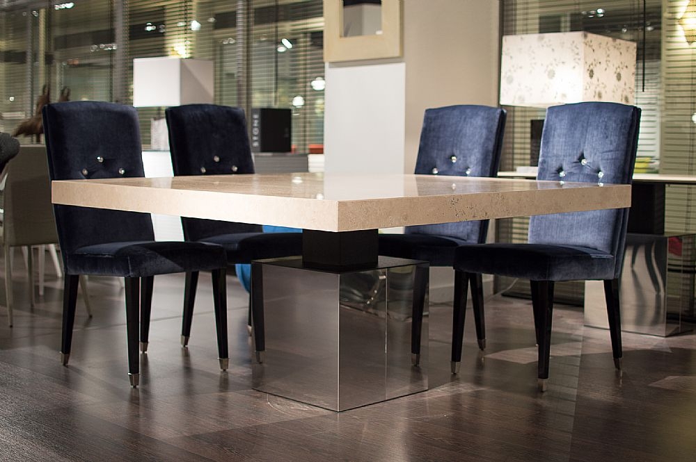 Product photograph of Stone International Athena Square Dining Table - Marble And Polished Steel from Choice Furniture Superstore.
