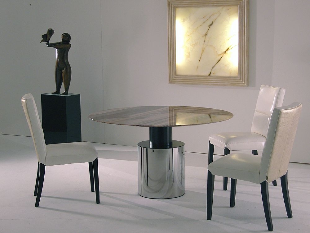 Product photograph of Stone International Athena Round Dining Table - Marble And Polished Steel from Choice Furniture Superstore.