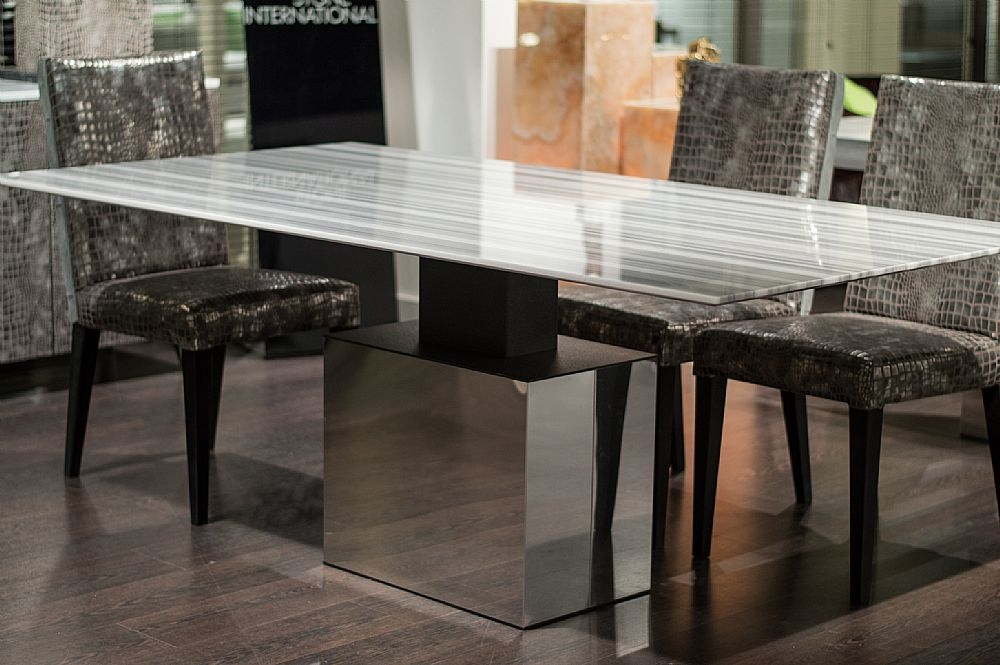 Product photograph of Stone International Athena Thin Dining Table - Marble And Polished Steel from Choice Furniture Superstore.
