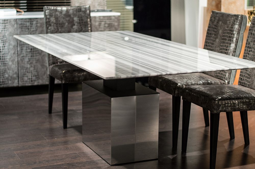 Product photograph of Stone International Athena Thin Dining Table - Marble And Polished Steel from Choice Furniture Superstore.