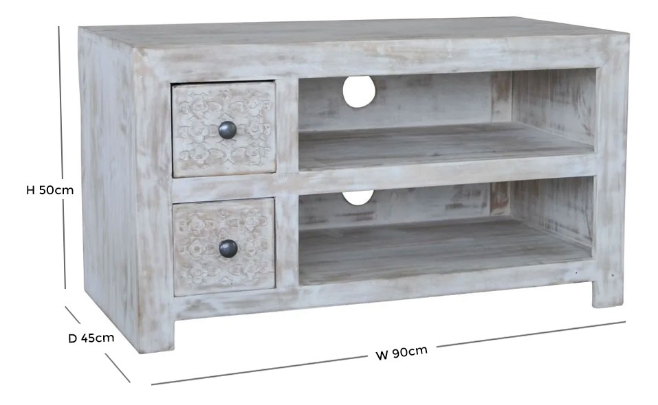 Product photograph of Dehradun White Washed Carved Mango Wood 90cm Tv Unit from Choice Furniture Superstore.