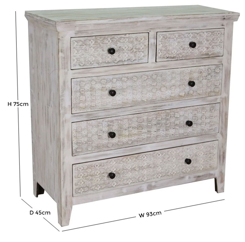 Product photograph of Dehradun White Washed Carved Mango Wood Dresser from Choice Furniture Superstore.