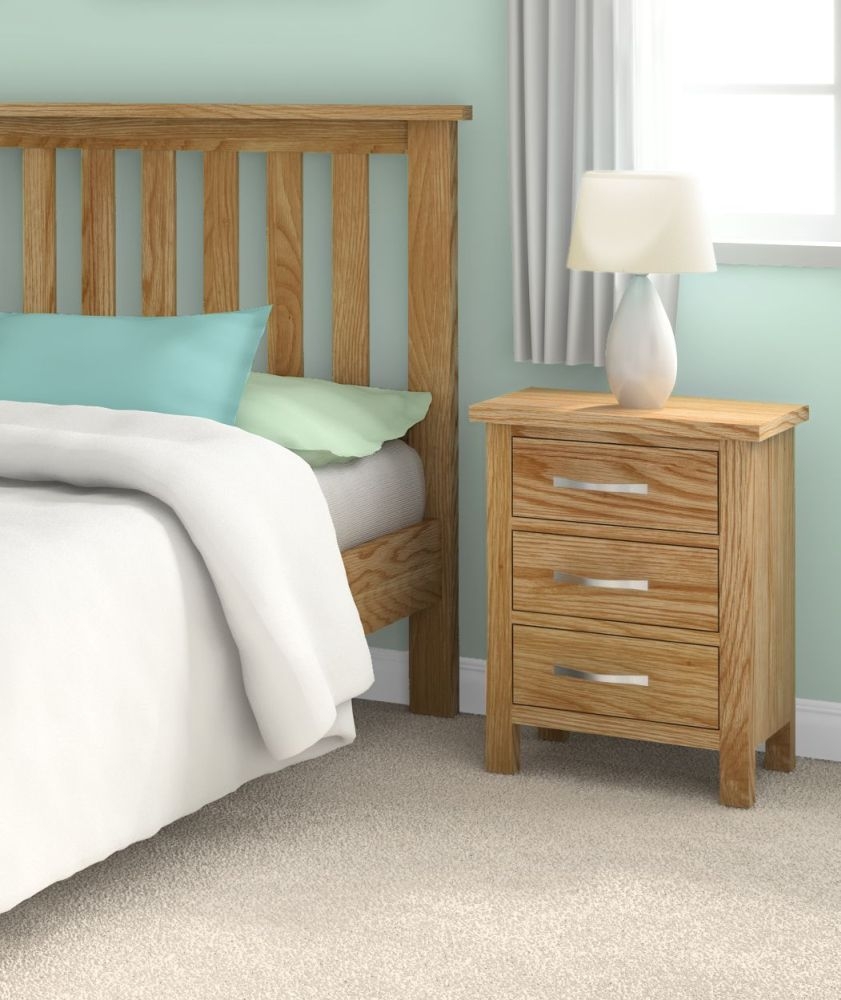 Product photograph of New Trinity Natural Oak 3 Drawer Bedside Cabinet from Choice Furniture Superstore.