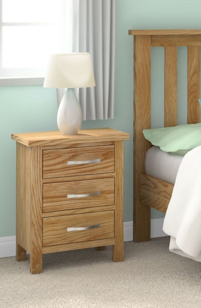 Product photograph of New Trinity Natural Oak 3 Drawer Bedside Cabinet from Choice Furniture Superstore.