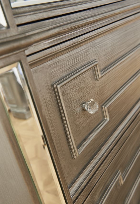 Product photograph of Vida Living Ophelia Grey Mirrored 5 Drawer Chest from Choice Furniture Superstore.