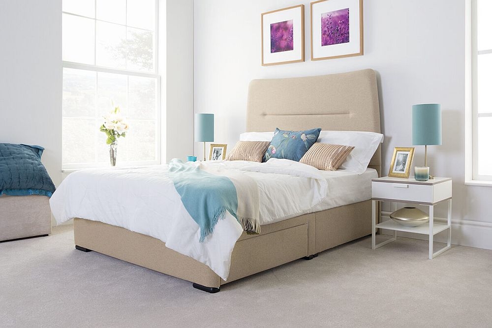 Product photograph of Austin Sand Fabric Floor Standing Headboard from Choice Furniture Superstore.