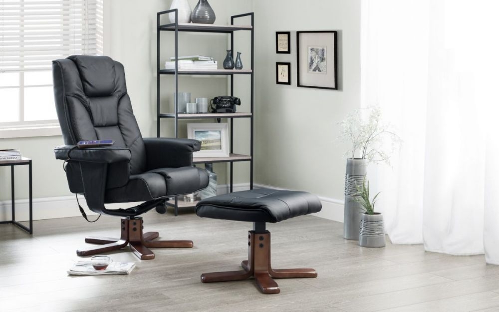 Product photograph of Malmo Black Faux Leather Recliner Chair With Walnut Legs Footstool from Choice Furniture Superstore.