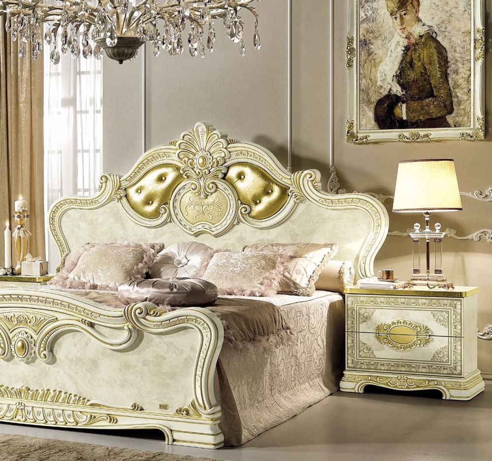 Camel Leonardo Night Italian Ivory High Gloss and Gold Upholstered Bed